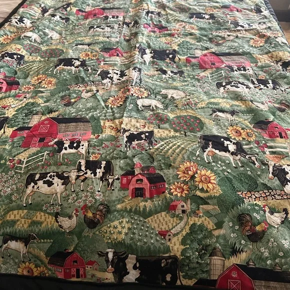 Handmade Rustic Farmhouse Blanket with Barn and Cow Design - Picture 1 of 4